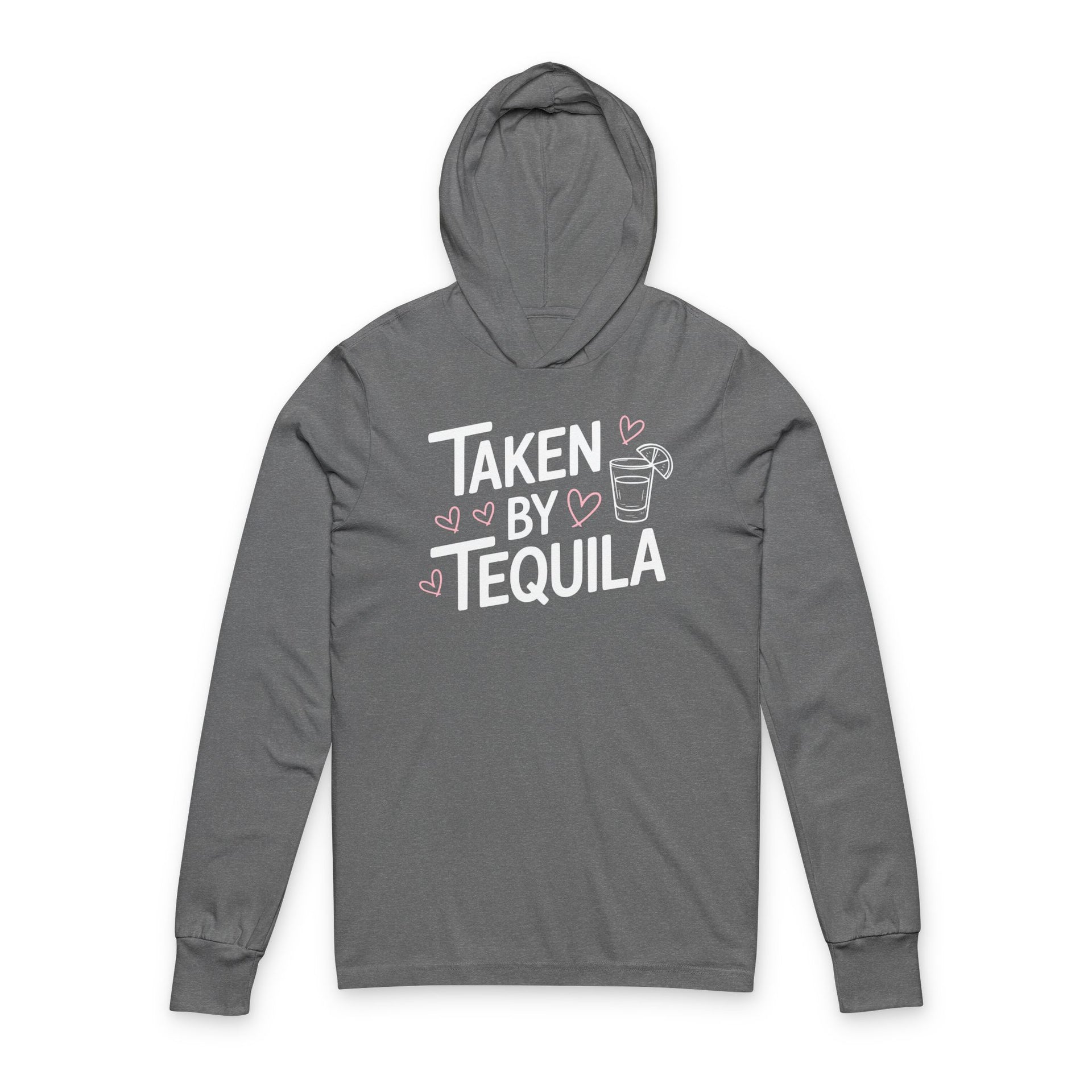 gray featherweight hoodie with the phrase "Taken By Tequila" with a sketched valentine's hearts and a shot glass with a lime surrounding the phrase to complete the design
