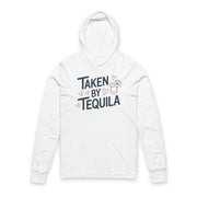 white featherweight hoodie with the phrase "Taken By Tequila" with a sketched valentine's hearts and a shot glass with a lime surrounding the phrase to complete the design