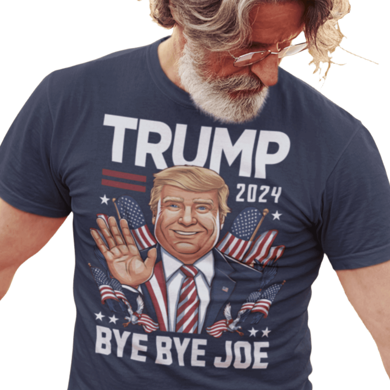 Man wearing Trump 2024 Bye Bye Joe funny tee with playful illustration of President Trump waving