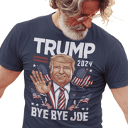 Man wearing Trump 2024 Bye Bye Joe funny tee with playful illustration of President Trump waving