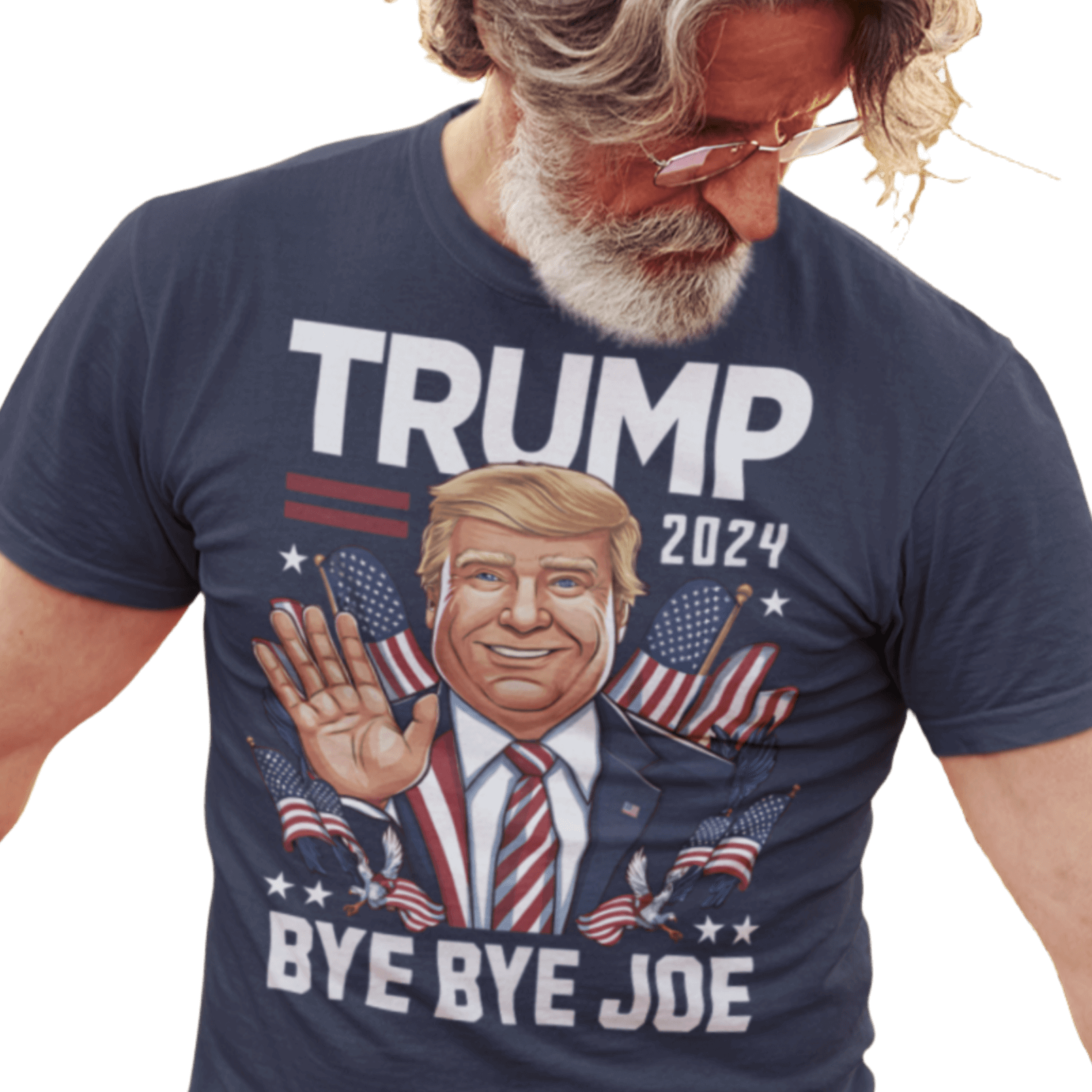 Man wearing Trump 2024 Bye Bye Joe funny tee with playful illustration of President Trump waving