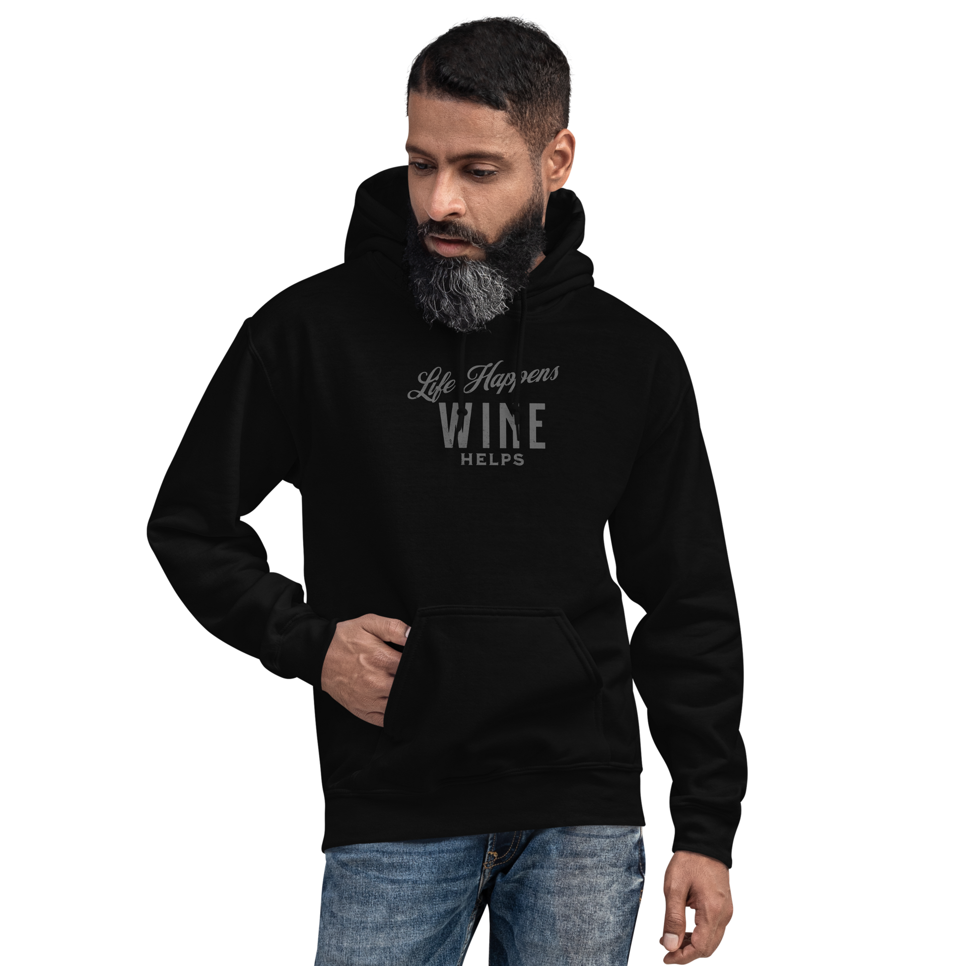 "Life Happens Wine Helps Hoodie - Cozy & Stylish""Find comfort & style in our 'Life Happens Wine Helps' Hoodie. Perfect for cooler evenings with a soft, smooth blend. Catch laughs & cozy vibes."
