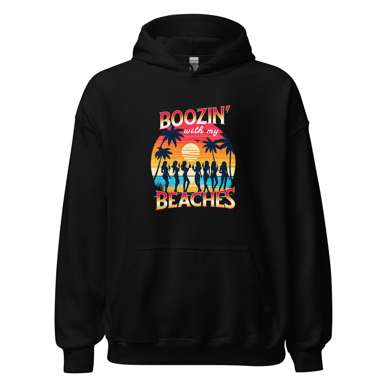 Group of women enjoying cocktails on the beach, featured on 'Boozin' with My Beaches' hoodie