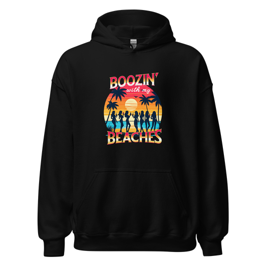 Group of women enjoying cocktails on the beach, featured on 'Boozin' with My Beaches' hoodie