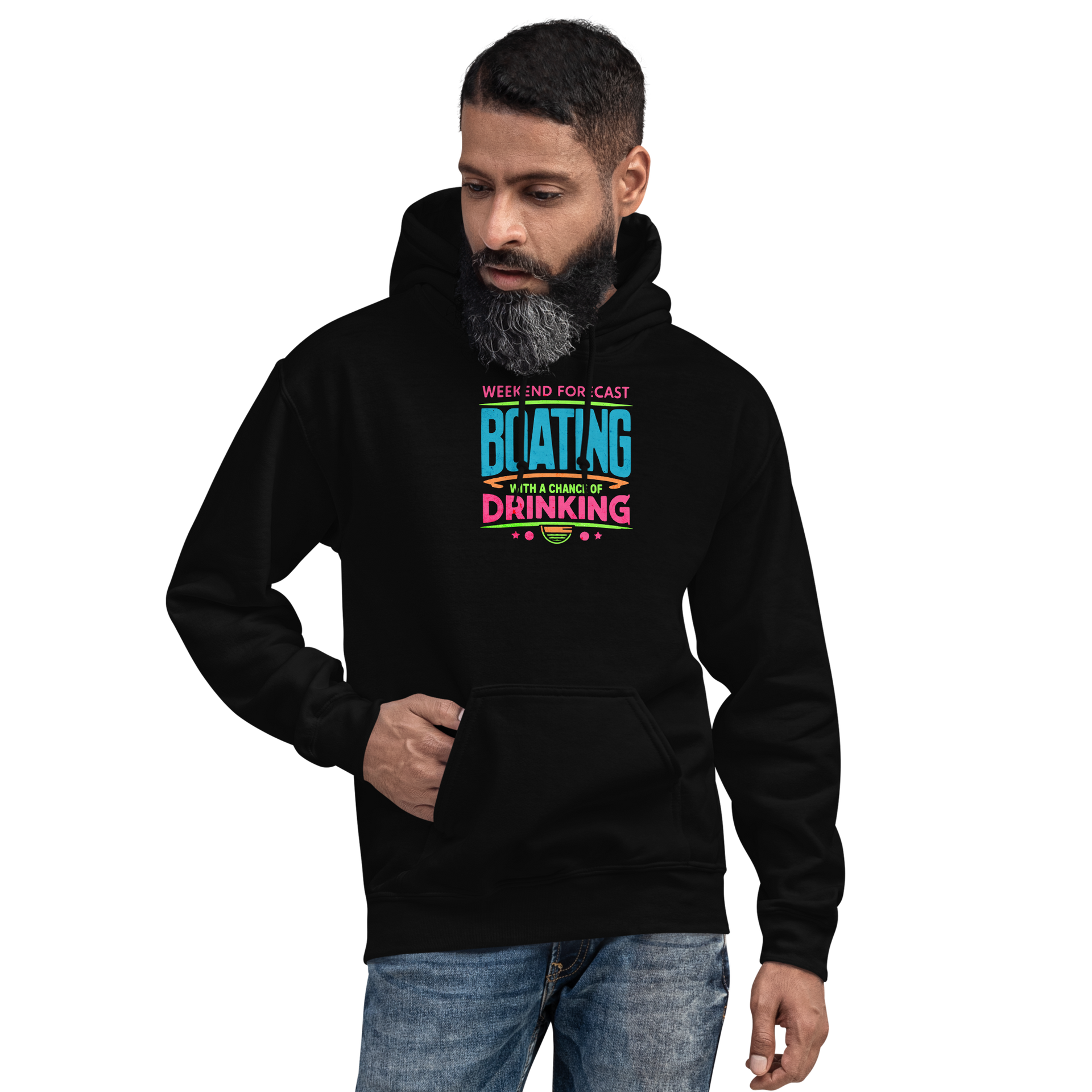 Cozy hoodie with "Weekend Forecast: Boating with a Chance of Drinking" in bright blue, pink, and green colors, perfect for chilly boating days.