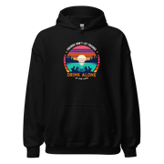 Hoodie with "Friends Don't Let Friends Drink Alone at the Lake," showing people, a lake, and a sunset.