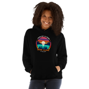 Hoodie with "Friends Don't Let Friends Drink Alone at the Lake," showing people, a lake, and a sunset.