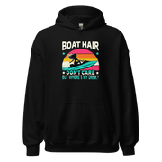 Hoodie featuring "Boar Hair Don't Care, But Where's My Drink?" with a woman on a jet ski and a retro sunset.