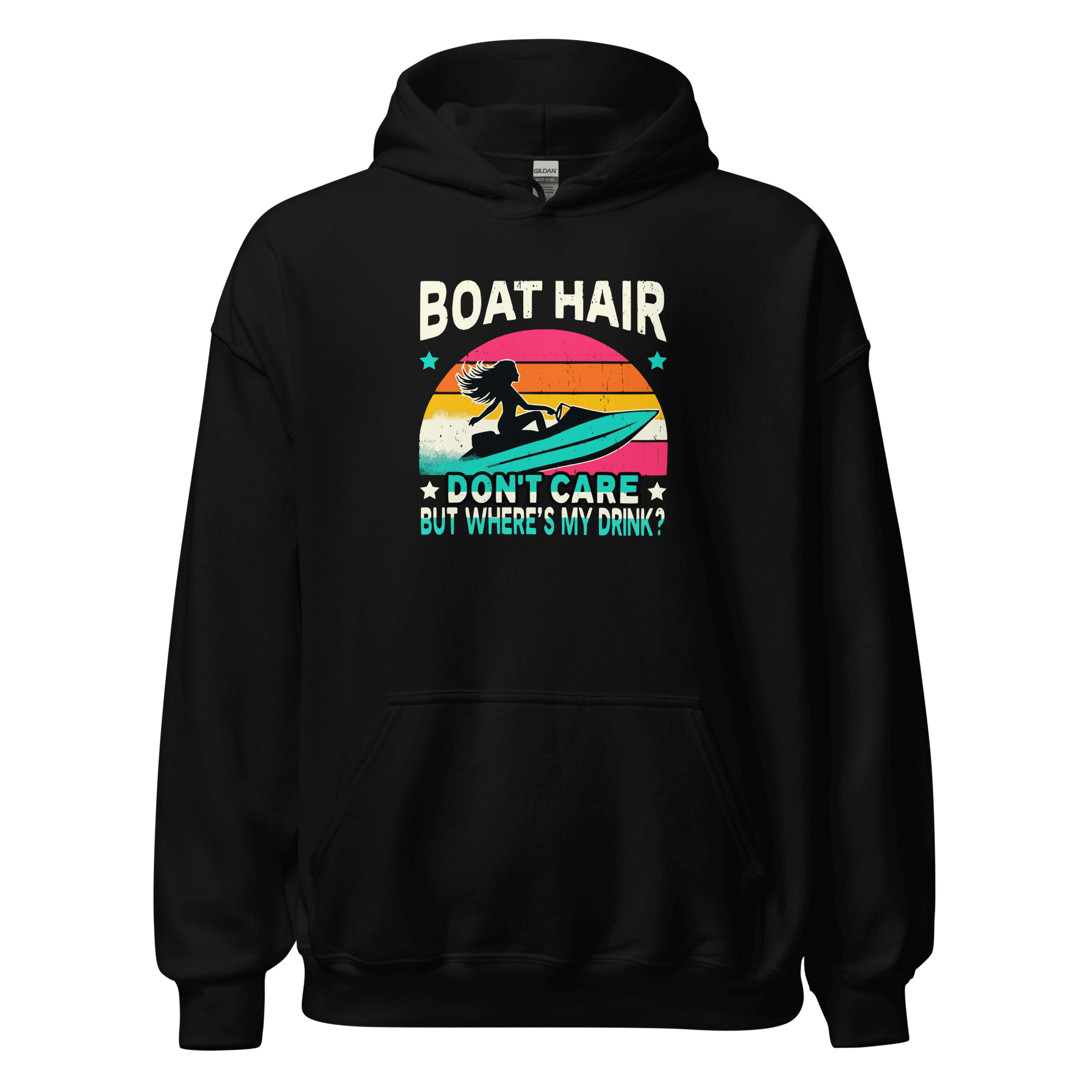 Hoodie featuring "Boar Hair Don't Care, But Where's My Drink?" with a woman on a jet ski and a retro sunset.