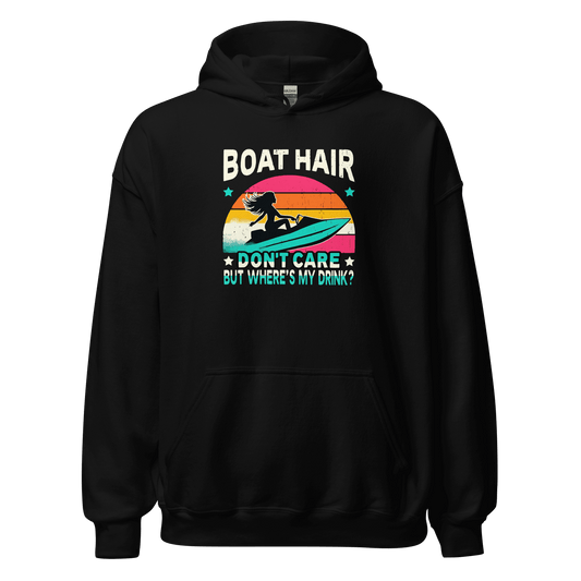 Hoodie featuring "Boar Hair Don't Care, But Where's My Drink?" with a woman on a jet ski and a retro sunset.