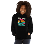 Hoodie featuring "Boar Hair Don't Care, But Where's My Drink?" with a woman on a jet ski and a retro sunset.