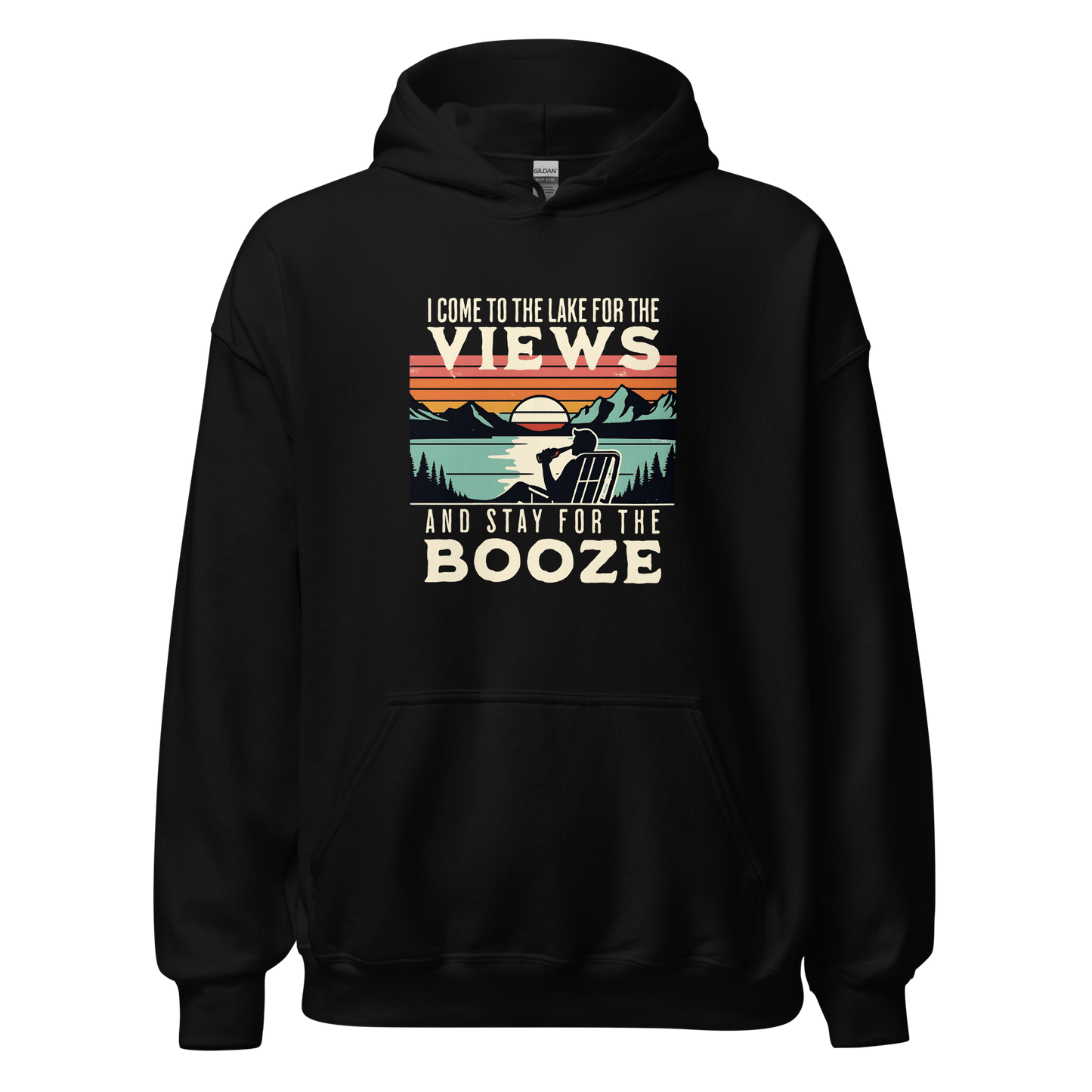 Hoodie featuring "I Come to the Lake for the Views and Stay for the Booze," with a man in a beach chair by the lake and a retro sunset.