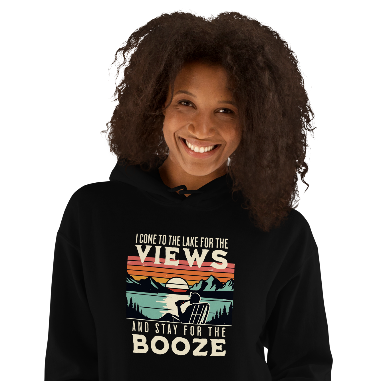 Hoodie featuring "I Come to the Lake for the Views and Stay for the Booze," with a man in a beach chair by the lake and a retro sunset.