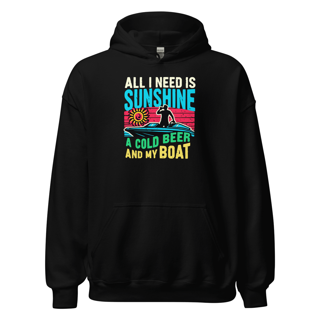 Hoodie with "All I Need Is Sunshine, a Cold Beer, and My Boat," showing a man in a boat during a retro sunset.