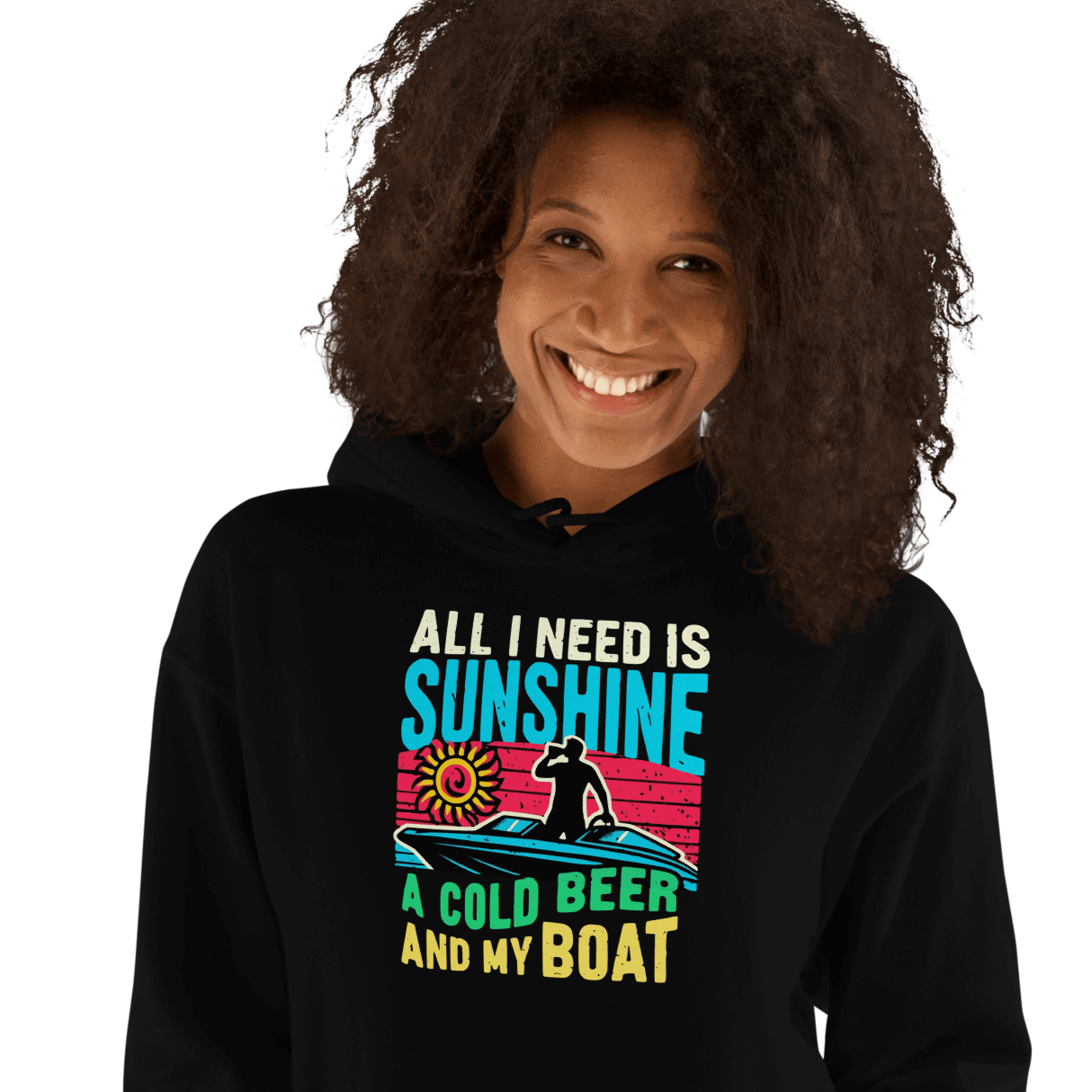 Hoodie with "All I Need Is Sunshine, a Cold Beer, and My Boat," showing a man in a boat during a retro sunset.