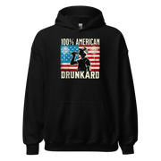 4th of July Hoodie with '100% American Drunkard' text, man drinking a bottle of beer wearing a trucker hat, and distressed American flag background