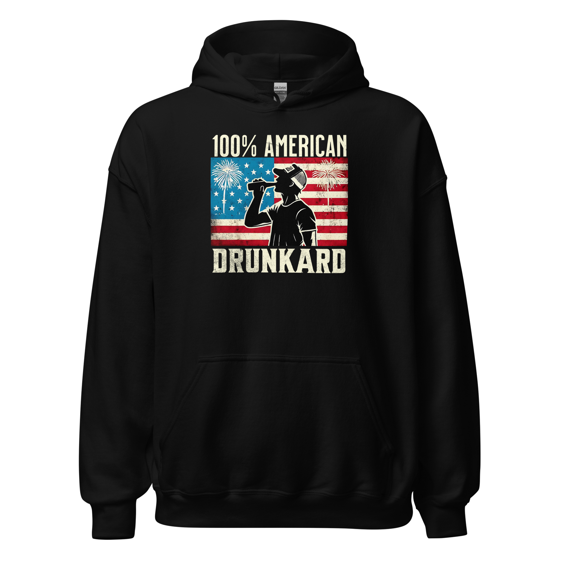 4th of July Hoodie with '100% American Drunkard' text, man drinking a bottle of beer wearing a trucker hat, and distressed American flag background