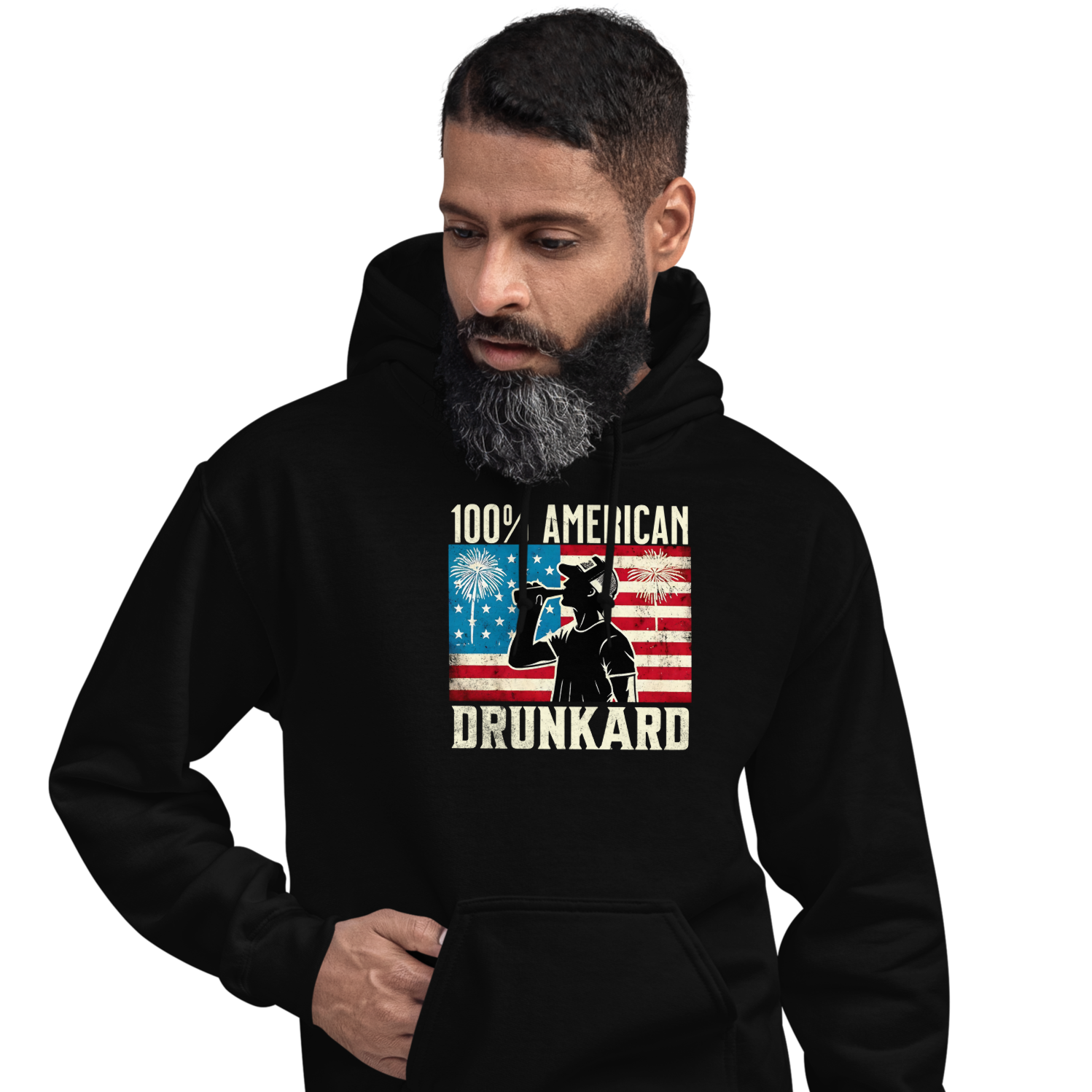 4th of July Hoodie with '100% American Drunkard' text, man drinking a bottle of beer wearing a trucker hat, and distressed American flag background