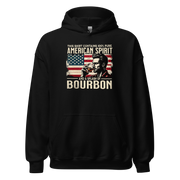 Hoodie with 'This Shirt Contains 100% American Spirit and a Splash of Bourbon' text, man drinking a glass of bourbon, and distressed American flag background