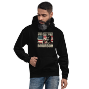 Hoodie with 'This Shirt Contains 100% American Spirit and a Splash of Bourbon' text, man drinking a glass of bourbon, and distressed American flag background