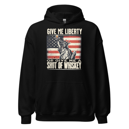 'Give Me Liberty or Give Me Whiskey' text, Statue of Liberty holding a shot glass, and distressed American flag background