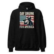 Hoodie with Day Drunk for America text, silhouette of a man drinking a bottle of beer, and distressed American flag background. Perfect for 4th of July.