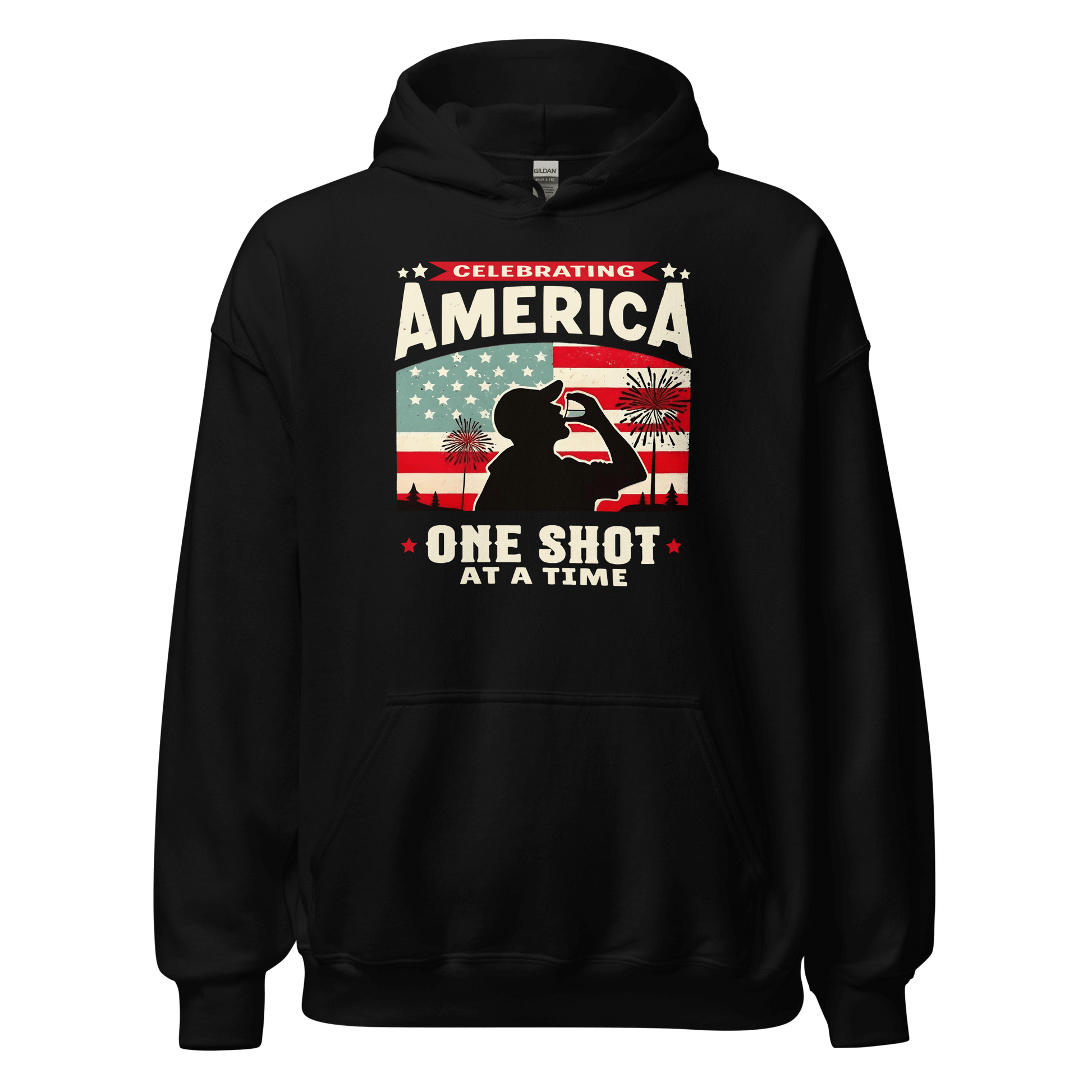 Hoodie with Celebrating America One Shot at a Time text, silhouette of a man drinking a shot, and distressed American flag background. Perfect for 4th of July.