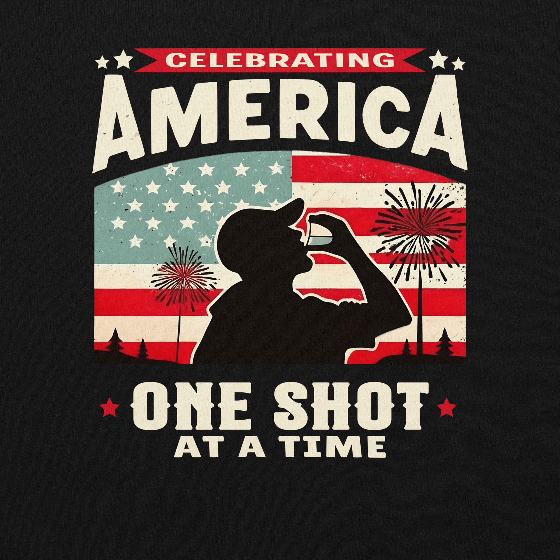 Hoodie with Celebrating America One Shot at a Time text, silhouette of a man drinking a shot, and distressed American flag background. Perfect for 4th of July.