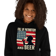 Hoodie with Full of Patriotism and Beer text and a distressed American flag background. Perfect for 4th of July.