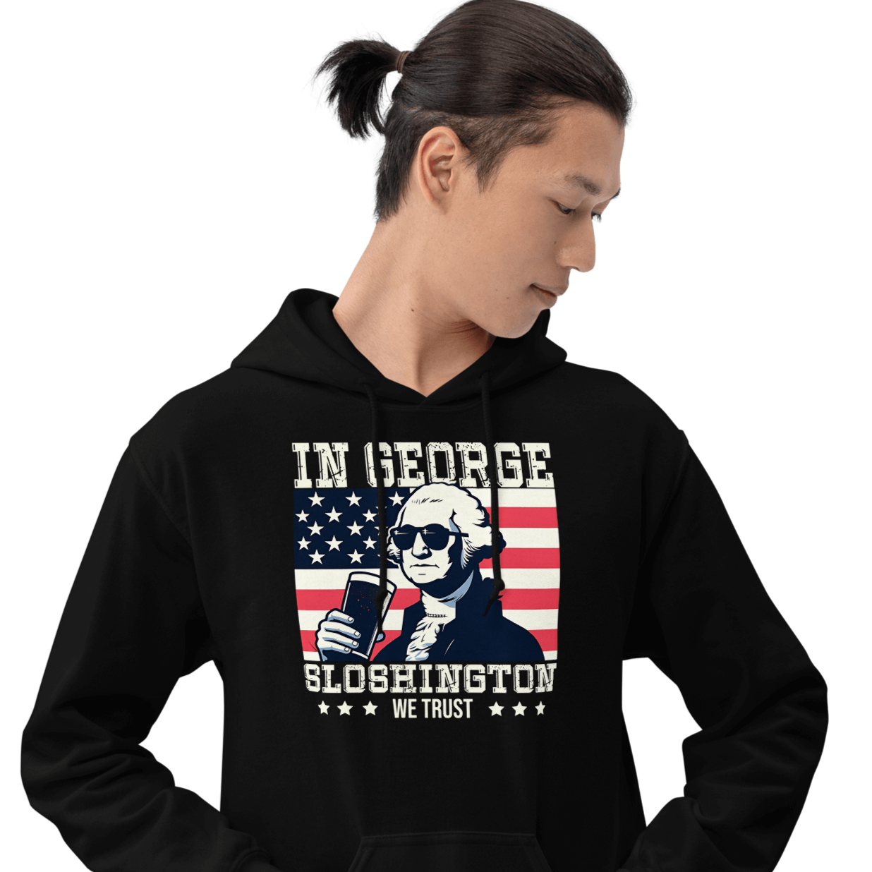 Celebrate 4th of July in style with the In George Sloshington We Trust hoodie. Perfect for festivities and casual outings with a patriotic and fun twist.