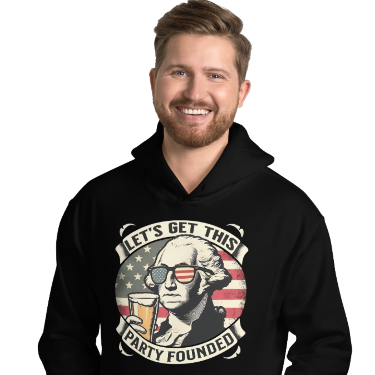 Celebrate Independence Day with our George Washington beer hoodie. Perfect for 4th of July, cool nights, and casual outings. High-quality and patriotic.