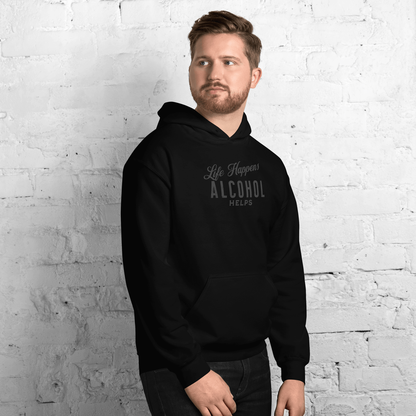Life Happens Alcohol Helps Hoodie - Stay Cozy & Stylish Discover your new favorite hoodie - perfect for those cool evenings with a touch of humor. Soft, stylish, and humorously relatable.