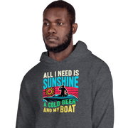 Hoodie with "All I Need Is Sunshine, a Cold Beer, and My Boat," showing a man in a boat during a retro sunset.