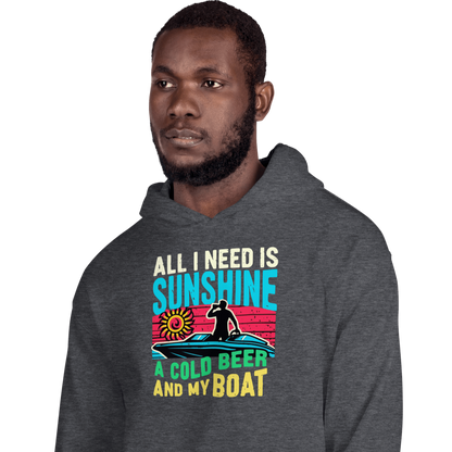 Hoodie with "All I Need Is Sunshine, a Cold Beer, and My Boat," showing a man in a boat during a retro sunset.