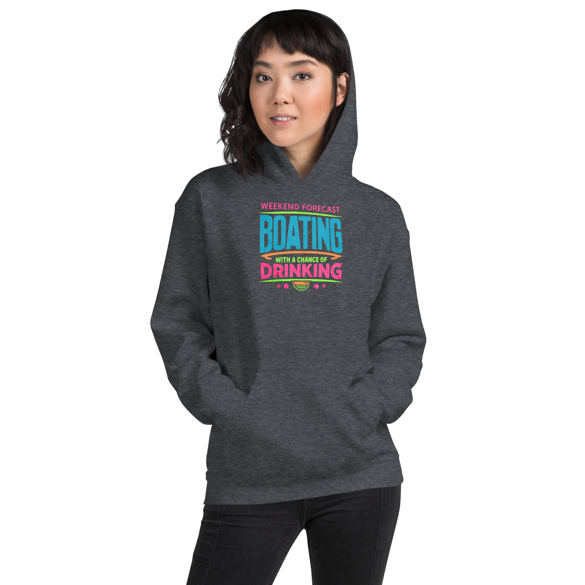 Cozy hoodie with "Weekend Forecast: Boating with a Chance of Drinking" in bright blue, pink, and green colors, perfect for chilly boating days.