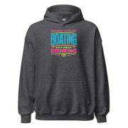 Cozy hoodie with "Weekend Forecast: Boating with a Chance of Drinking" in bright blue, pink, and green colors, perfect for chilly boating days.