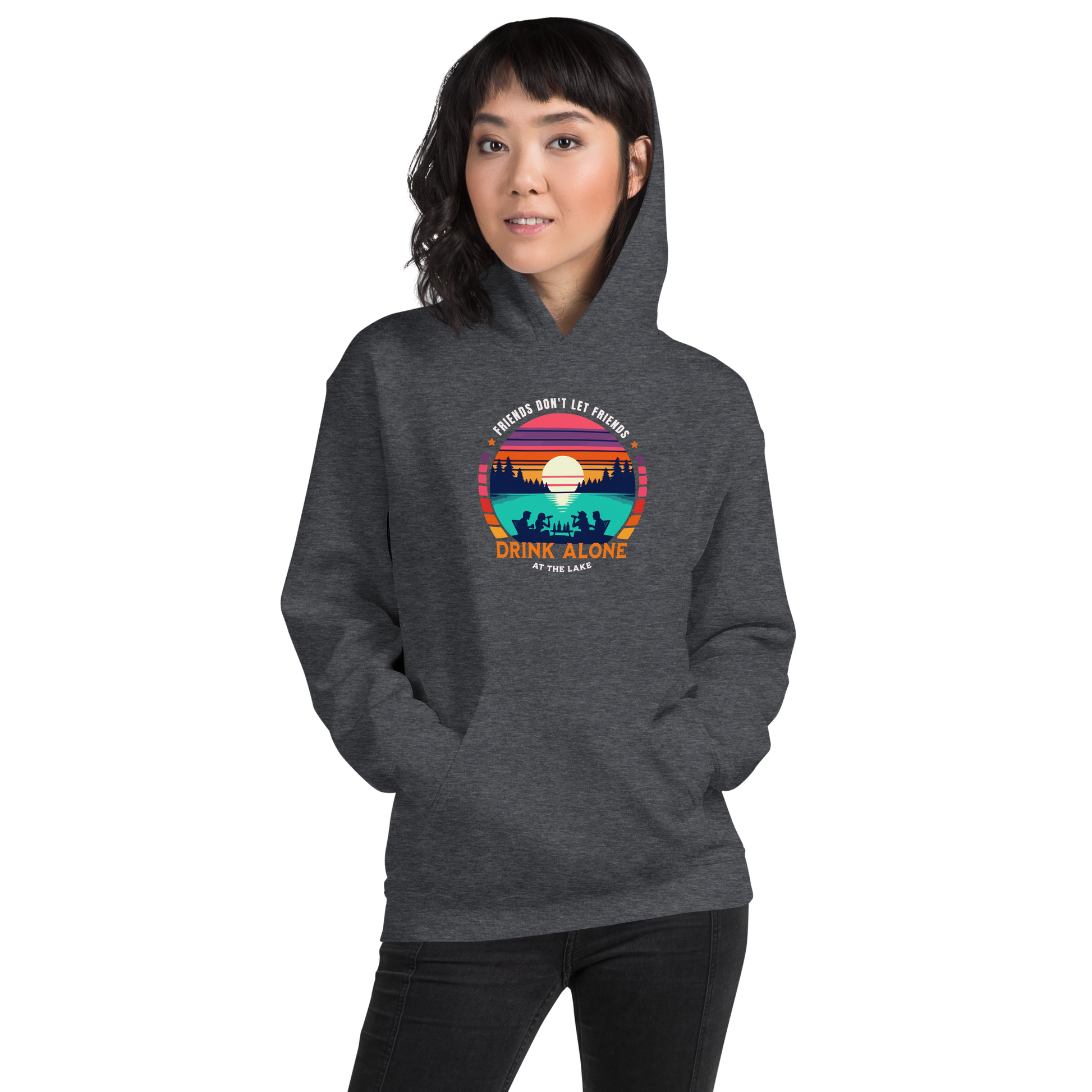 Hoodie with "Friends Don't Let Friends Drink Alone at the Lake," showing people, a lake, and a sunset.