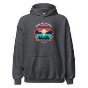 Hoodie with "Friends Don't Let Friends Drink Alone at the Lake," showing people, a lake, and a sunset.