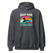 Hoodie featuring "Boar Hair Don't Care, But Where's My Drink?" with a woman on a jet ski and a retro sunset.