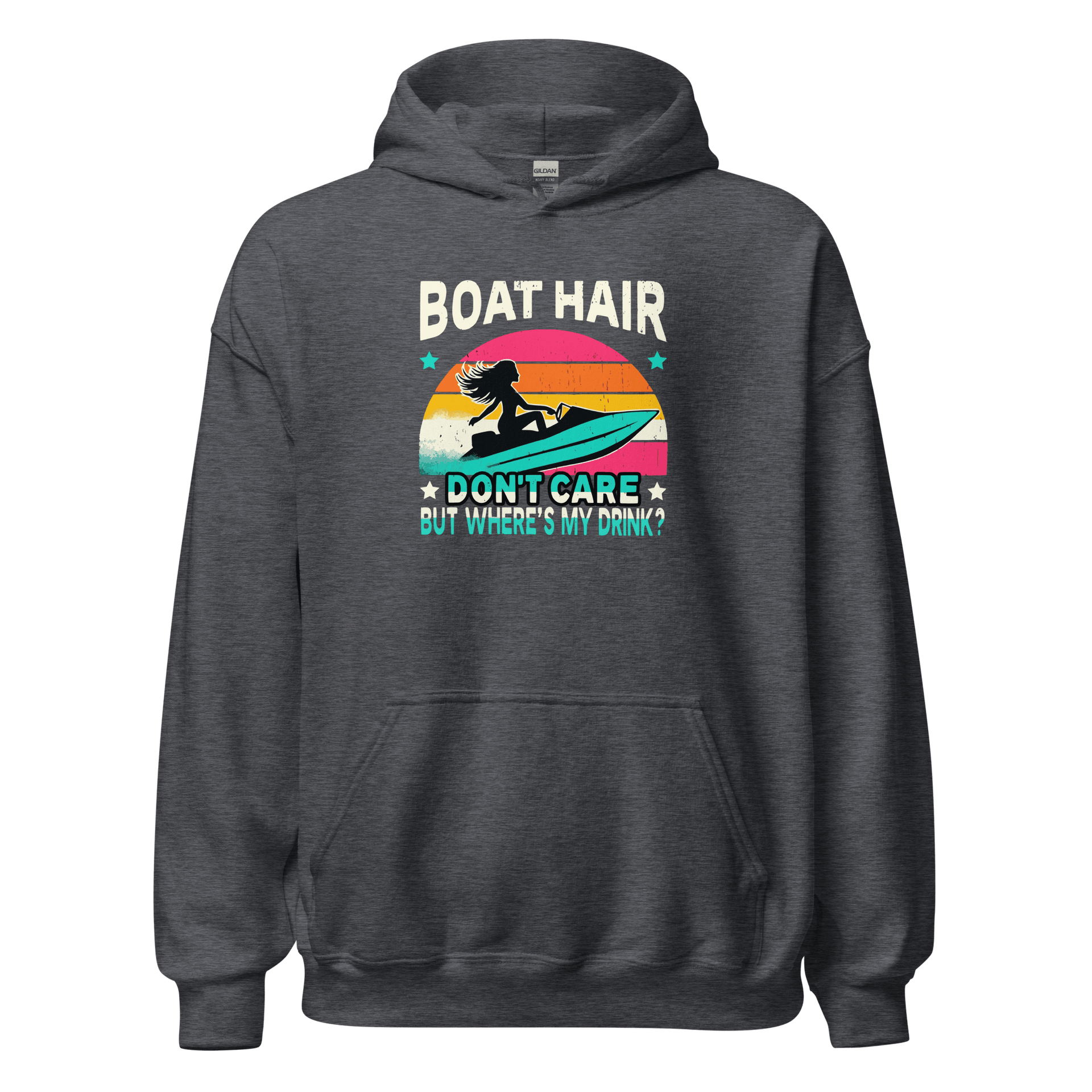 Hoodie featuring "Boar Hair Don't Care, But Where's My Drink?" with a woman on a jet ski and a retro sunset.