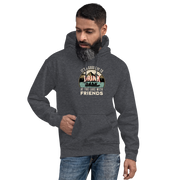 Hoodie with "It's a Good Day to Drink at the Lake with Friends," depicting people on a boat, lake and mountain scenery.