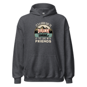 Hoodie with "It's a Good Day to Drink at the Lake with Friends," depicting people on a boat, lake and mountain scenery.