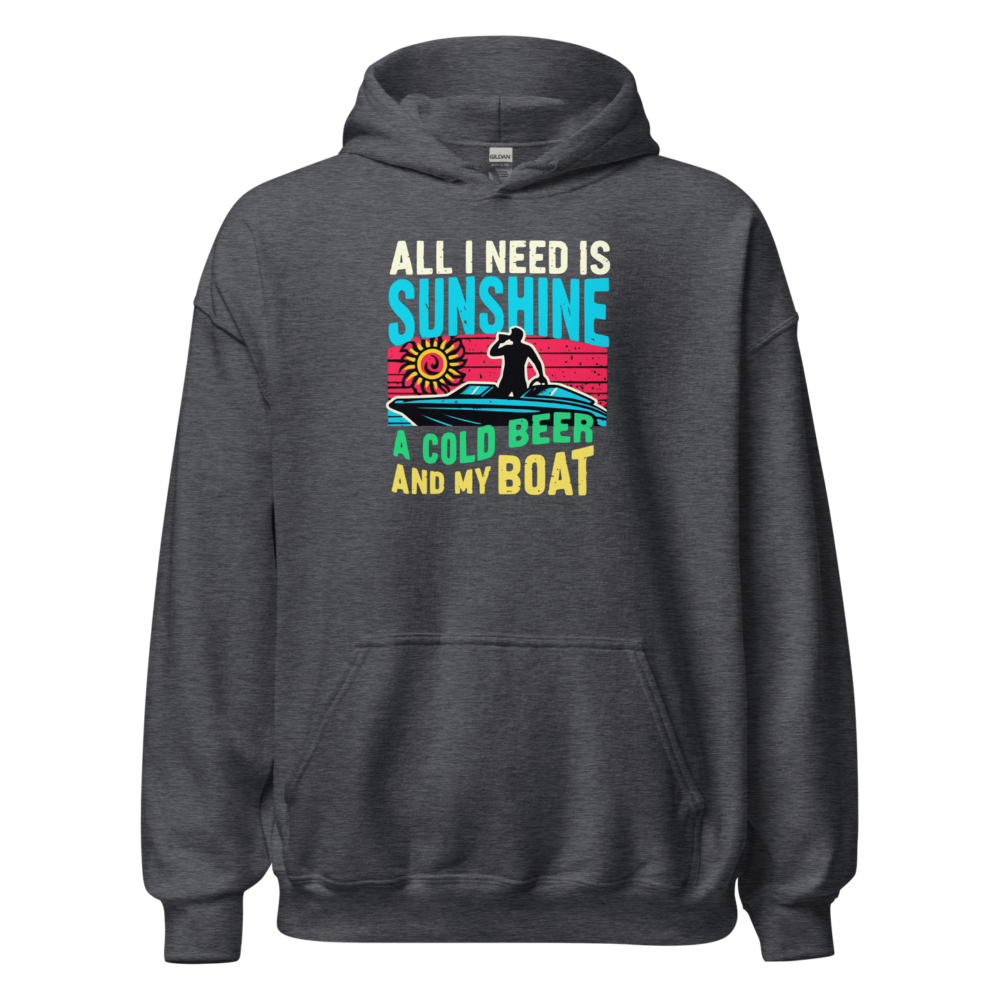 Hoodie with "All I Need Is Sunshine, a Cold Beer, and My Boat," showing a man in a boat during a retro sunset.