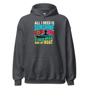 Hoodie with "All I Need Is Sunshine, a Cold Beer, and My Boat," showing a man in a boat during a retro sunset.