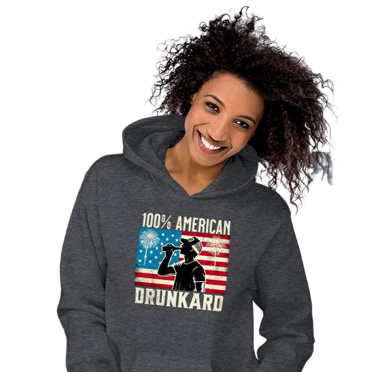 4th of July Hoodie with '100% American Drunkard' text, man drinking a bottle of beer wearing a trucker hat, and distressed American flag background