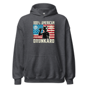 4th of July Hoodie with '100% American Drunkard' text, man drinking a bottle of beer wearing a trucker hat, and distressed American flag background