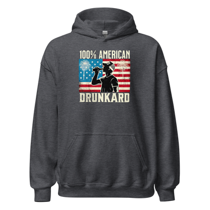 4th of July Hoodie with '100% American Drunkard' text, man drinking a bottle of beer wearing a trucker hat, and distressed American flag background