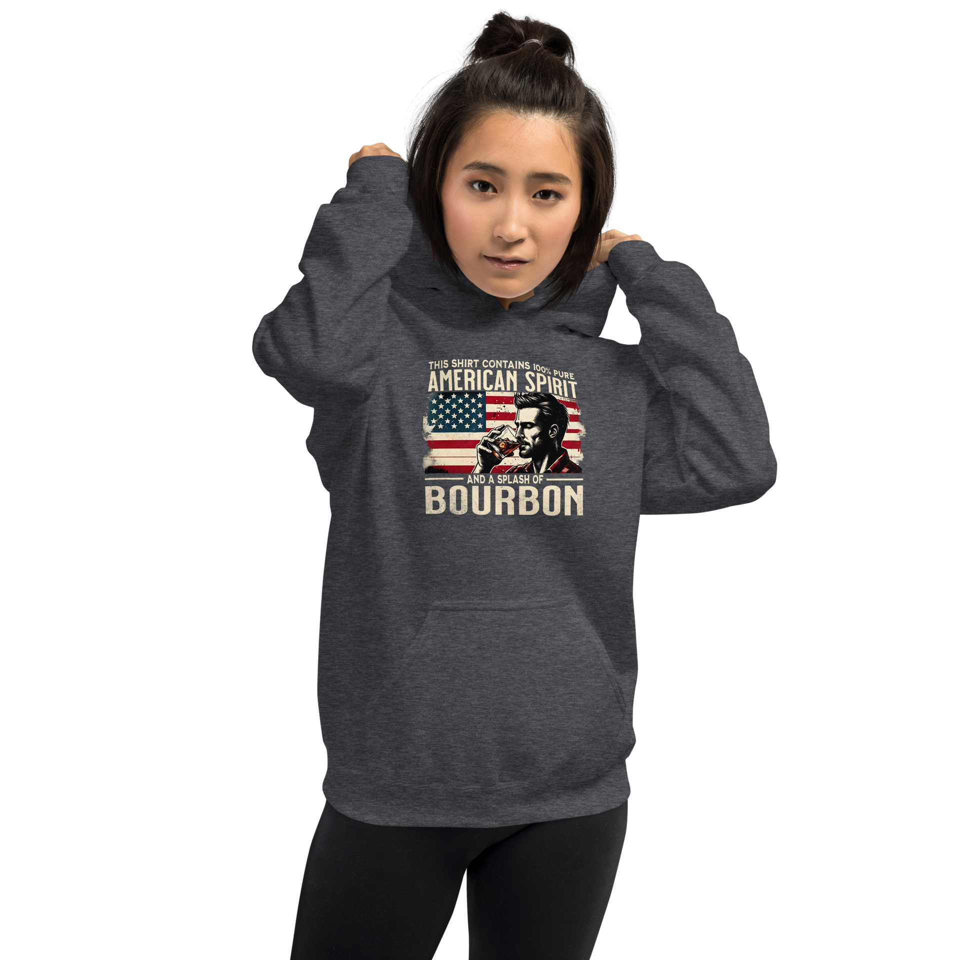 Hoodie with 'This Shirt Contains 100% American Spirit and a Splash of Bourbon' text, man drinking a glass of bourbon, and distressed American flag background