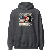 Hoodie with 'This Shirt Contains 100% American Spirit and a Splash of Bourbon' text, man drinking a glass of bourbon, and distressed American flag background