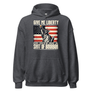 Hoodie with Give Me Liberty or Give Me a Shot of Bourbon text, Statue of Liberty holding a shot glass, and distressed American flag background. Perfect for 4th of July.